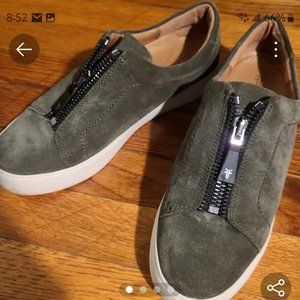 Frye Lena zip low top sneakers. Green suede slip ons. Like new condition.